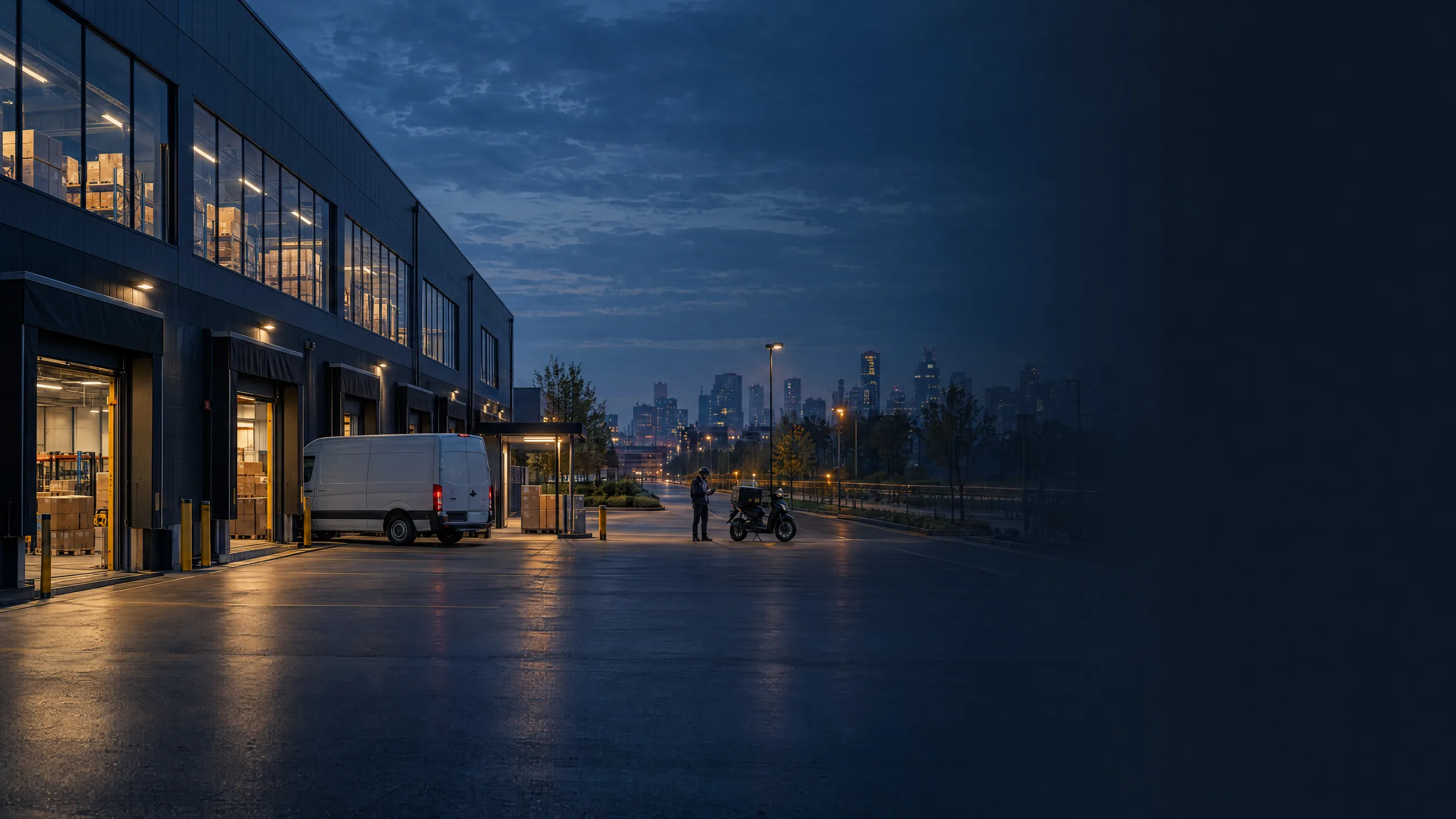 A fulfillment warehouse and delivery hub at dusk